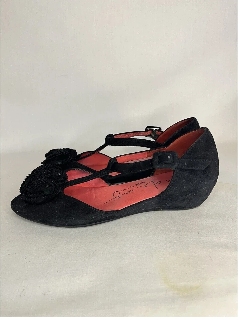 Pas De Rouge Italy Black Suede Wedge Open Toe Rosette Womens Sandal Sz 36 US 6